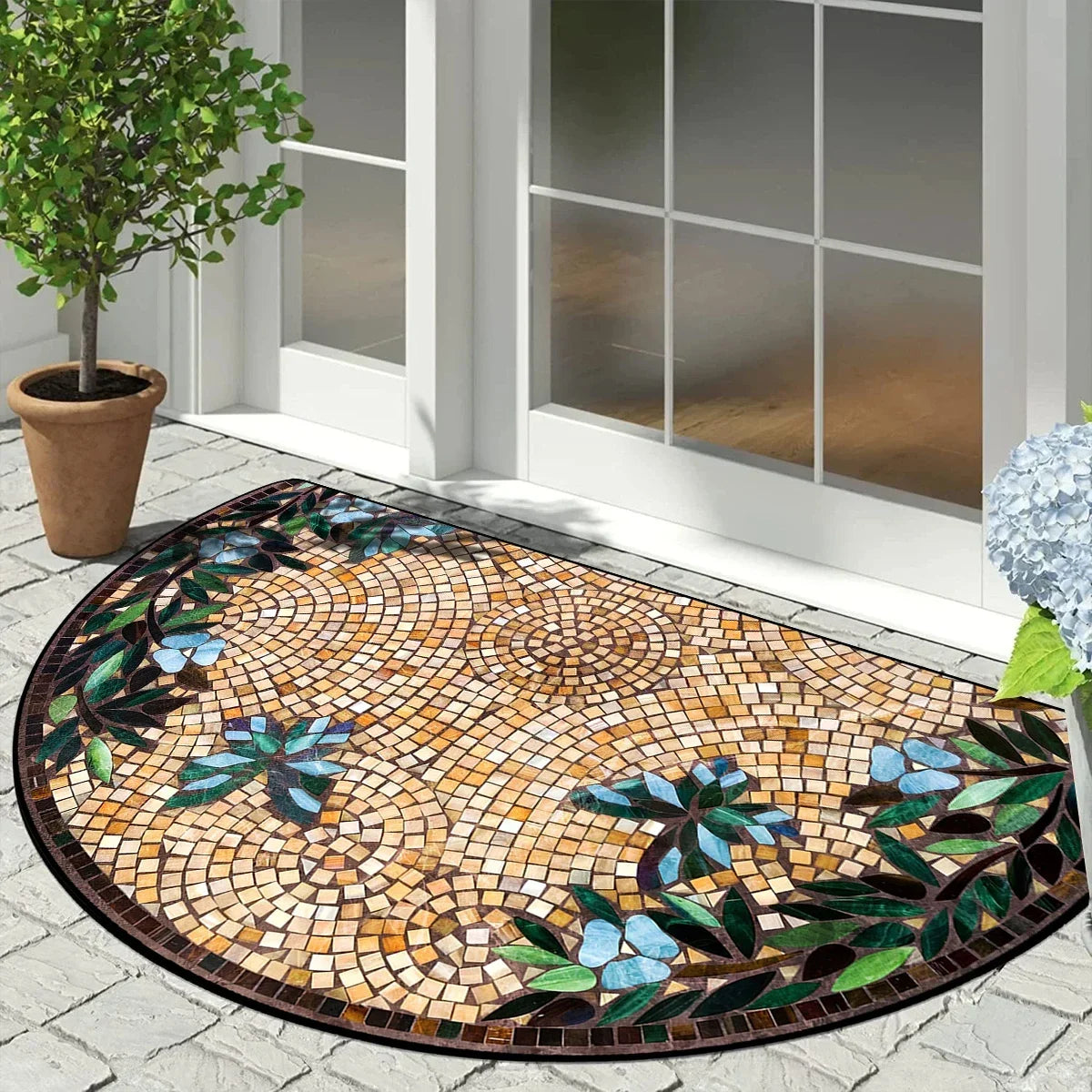 Halbrunde Fußmatte mit Vintage-Mosaikmuster, rutschfeste Außenmatte für Balkon, Eingang, Veranda und Terrasse, 60x90cm, wetterfest | Sansoti