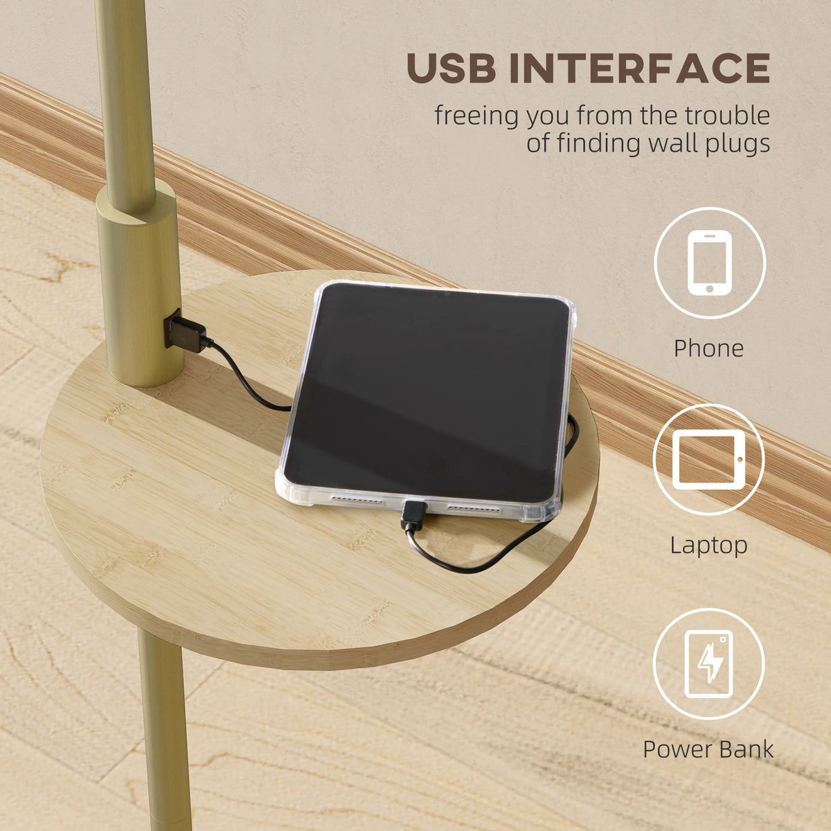 Bogenlampe Stehlampe Mit Ablage Und USB-Anschluss Gold Metall 170cm | Sansoti