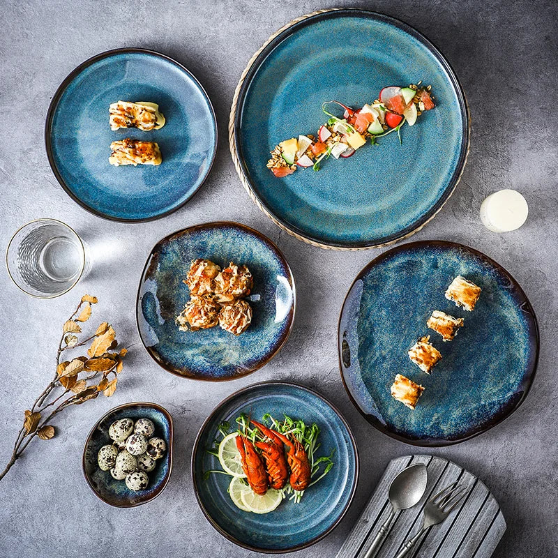 Dinnerware Set 11-Piece Turquoise Glazed Porcelain Handmade Rustic Dinnerware Plates Bowls Dinner Plates Dessert Plates | Sansoti