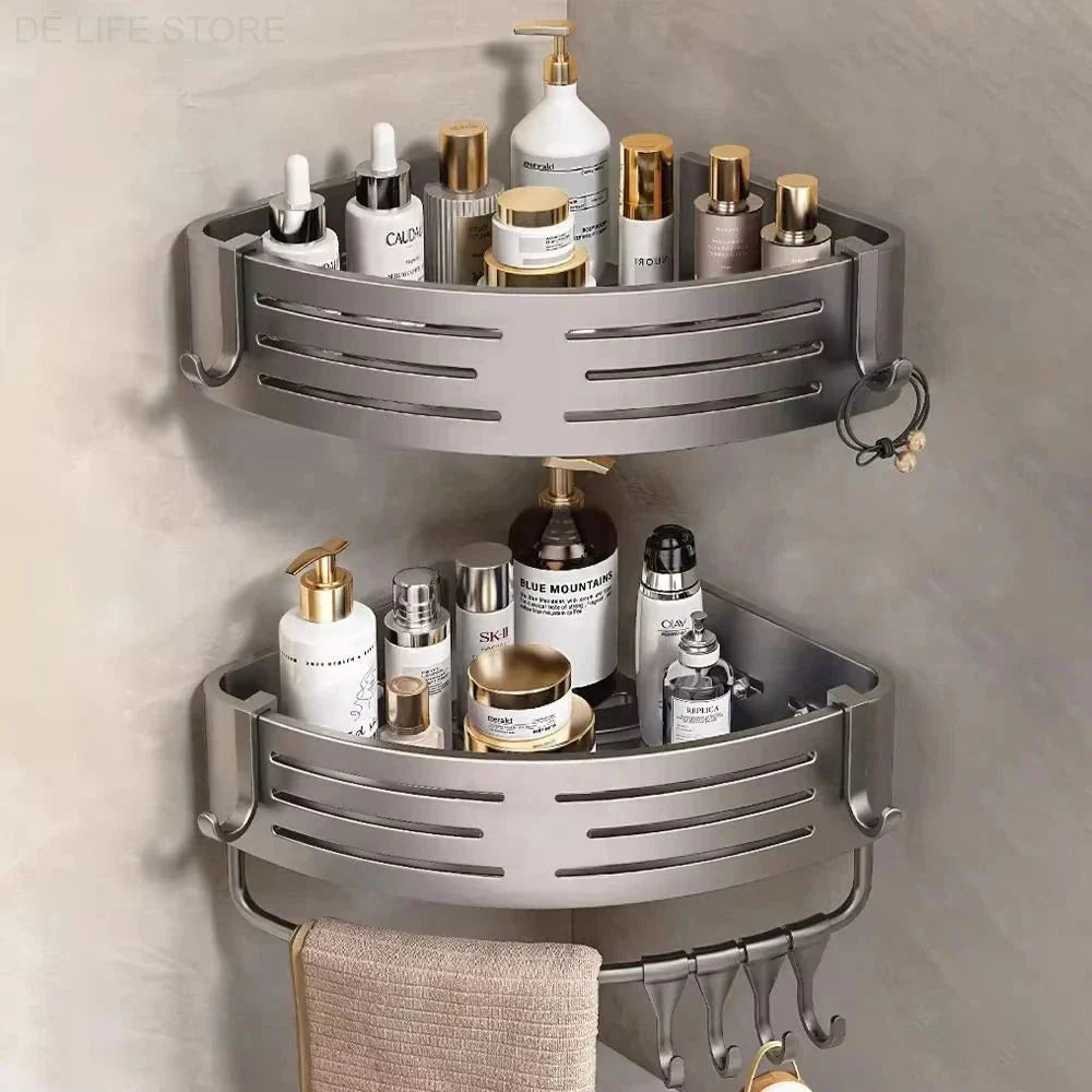 Adjustable Shower Rack Set 2-piece Aluminum No Drilling with Hooks Drain Grate Wall Mount | Sansoti