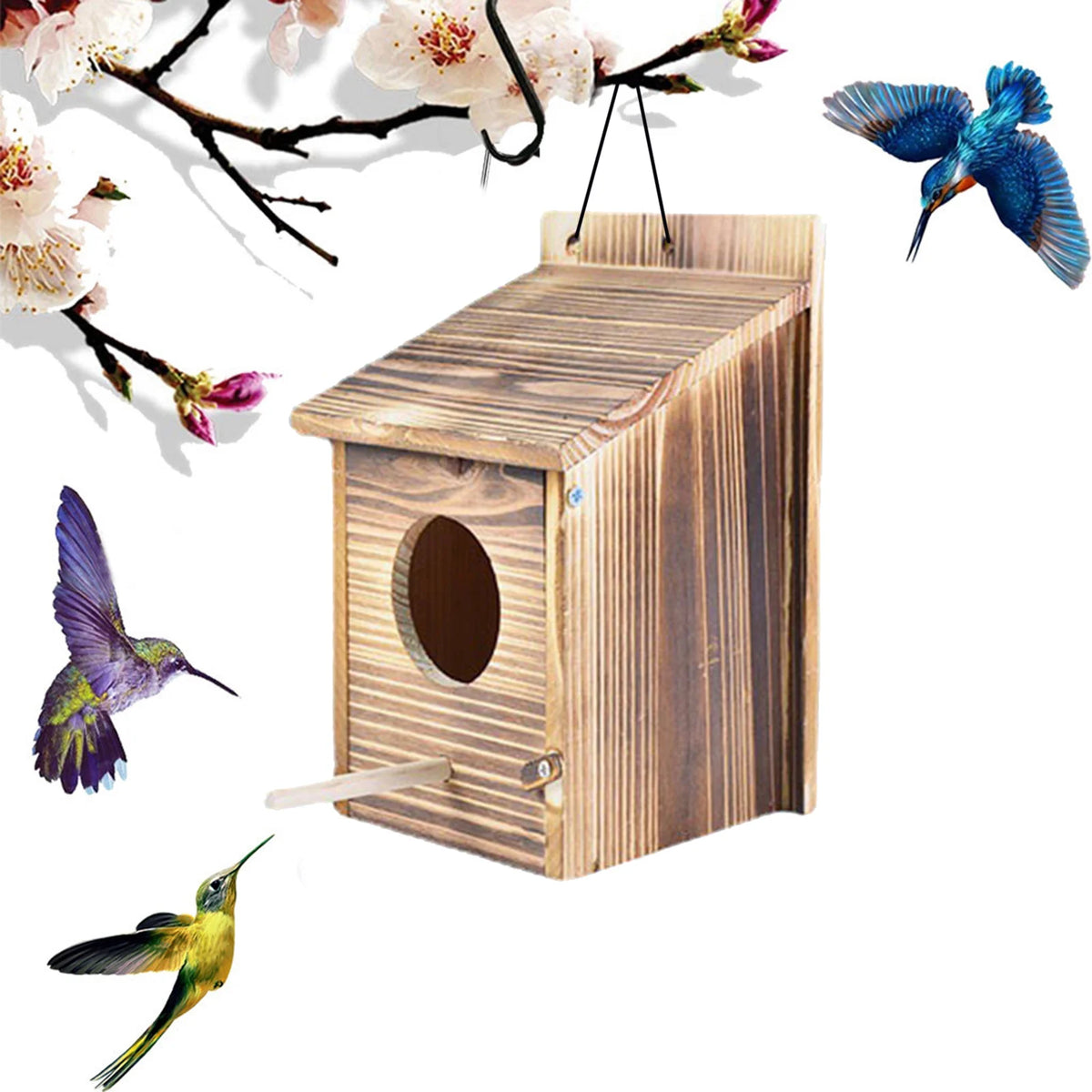 Birdhouse Wood Hanging Outdoor Weatherproof 22x15cm Garden Bird Nest Nest Box Tits Decorative Natural | Sansoti