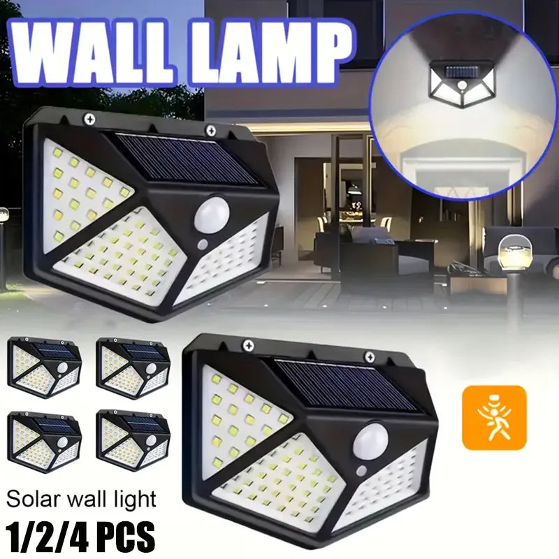 Zewnętrzna lampa ścienna zasilana energią słoneczną, 100 diod LED, czujnik ruchu, wodoodporna IP65, czarna, oświetlenie zabezpieczające do ogrodu | Sansoti