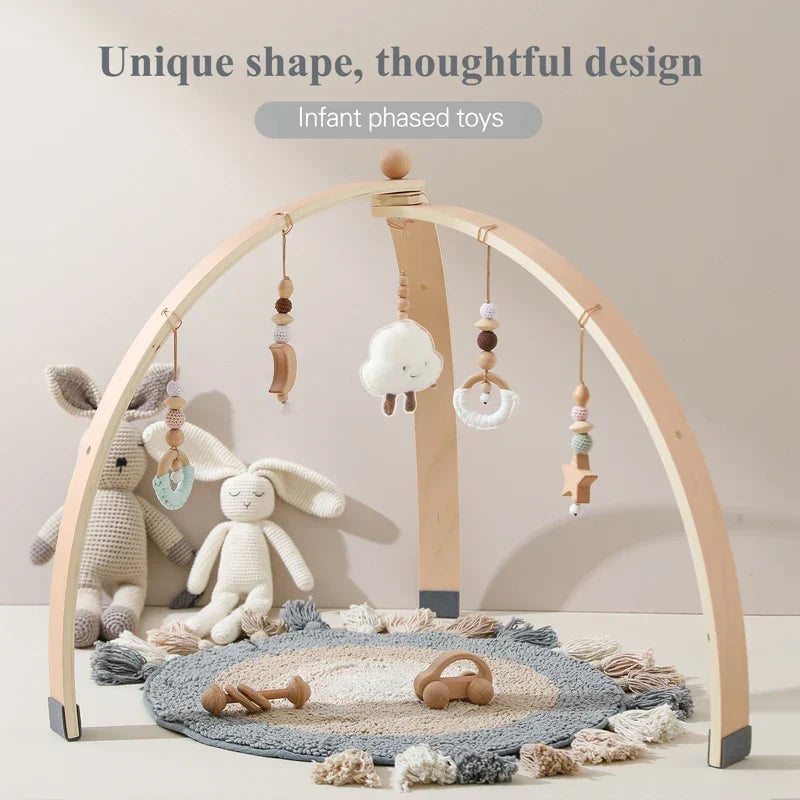 Arche de jeu en bois avec jouets suspendus pour bébés - Stimule la motricité et les sens - Bois naturel - Design nordique | Sansoti