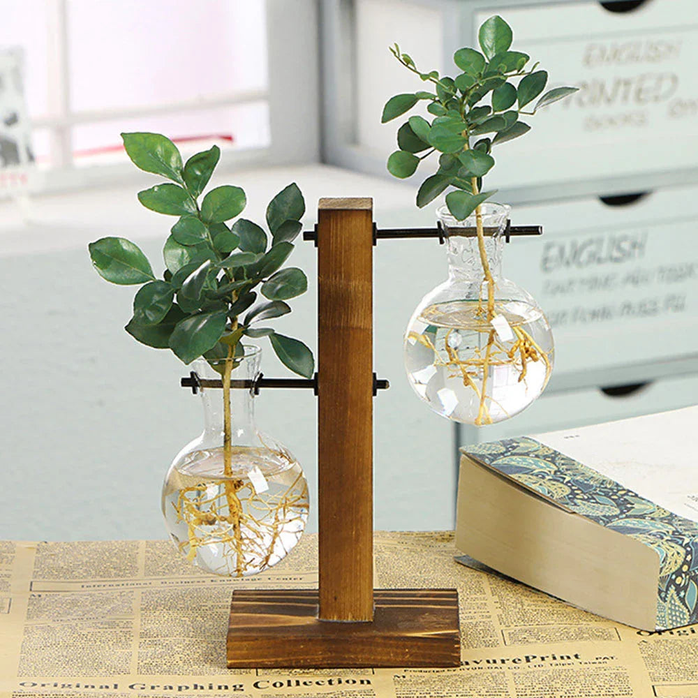 Glass Vase on Wooden Stand Decorative Retro Hydroponics Plant Pot Transparent Glass Mood Accent for Flowers and Cuttings | Sansoti