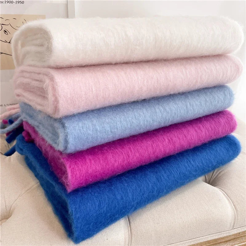 Warmer Winterschal für Damen 240x38cm im dicken Woll-Look, Schultertuch mit Fransen, weicher Strickschal gegen Kälte | Sansoti