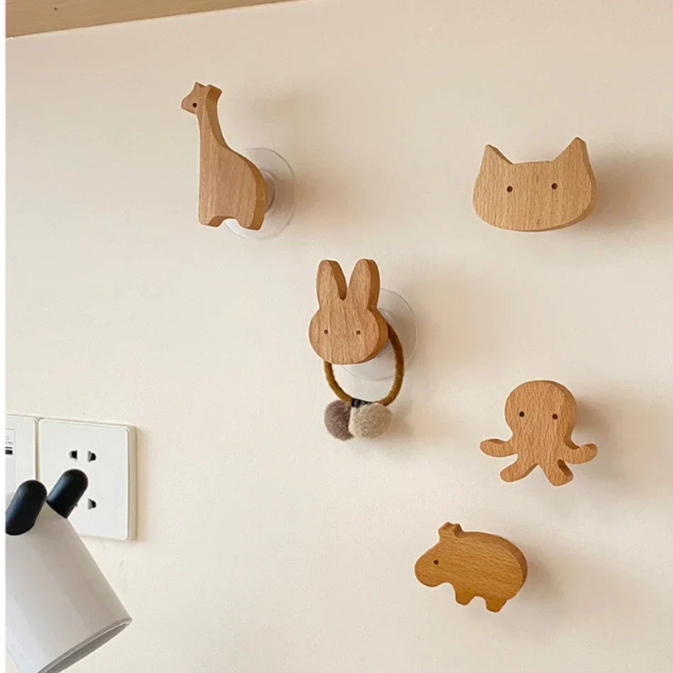 Crochets muraux en bois animaux autocollants, porte-manteaux pour chambre d'enfant, design scandinave, décoration murale | Sansoti