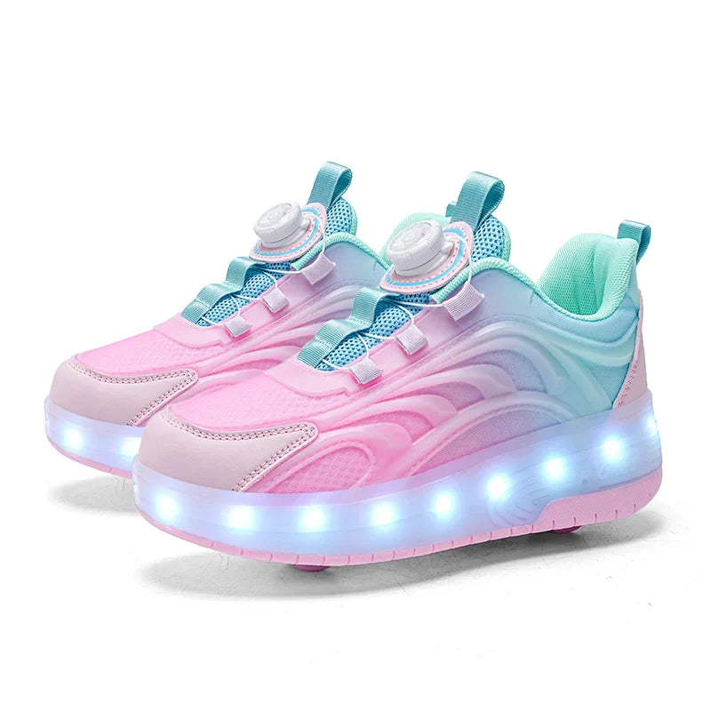 LED roller skate shoes USB rechargeable pink blue kids sneakers with wheels light-up skates for outdoor boys girls | Sansoti