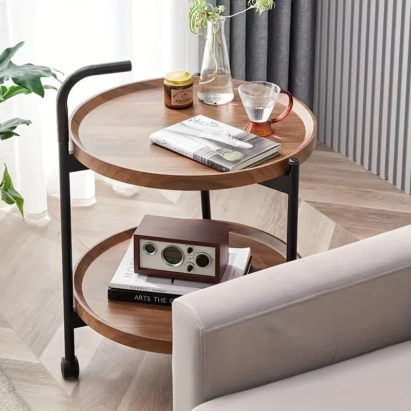 Rolling Side Table Wood Two-Tier Round 40cm Living Room Bedroom Wheels Compact Design Serving Storage | Sansoti