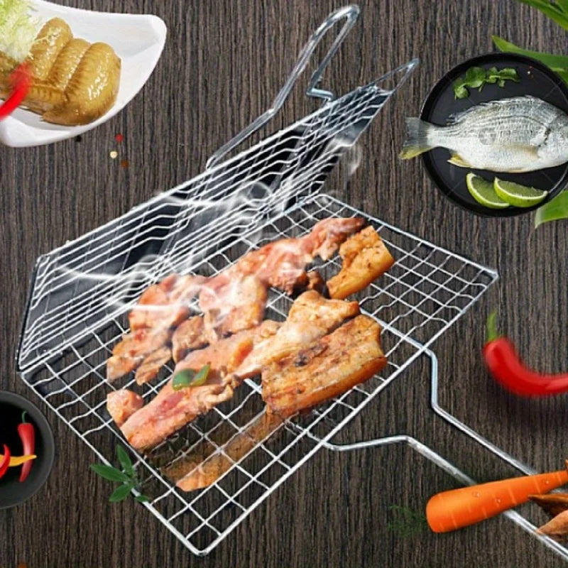 Foldable Grill Basket Stainless Steel Non-Stick BBQ Vegetables Meat Fish Camping Barbecue Charcoal Grill | Sansoti