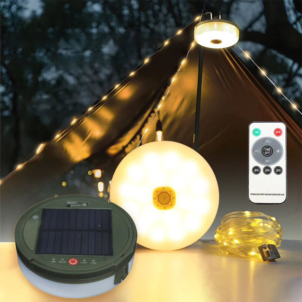 Tragbare Campinglampe mit Solarenergie und Powerbank – wasserdichte LED-Lampe mit Lichterkette für Outdoor & Camping | Sansoti