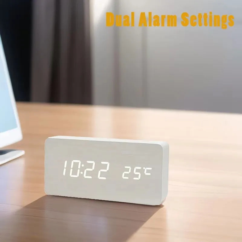 Digital Alarm Clock Wood Look LED Bamboo Black Brown Temperature USB Bedroom Desk 3 Alarms Adjustable Brightness 12/24h Table Clock | Sansoti