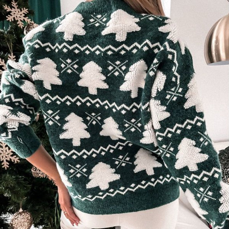 Gestrickter Weihnachtspullover Damen Weihnachtsbaum Festlicher Pullover Grün Rot Winter Warm Bequem Oversized XL | Sansoti