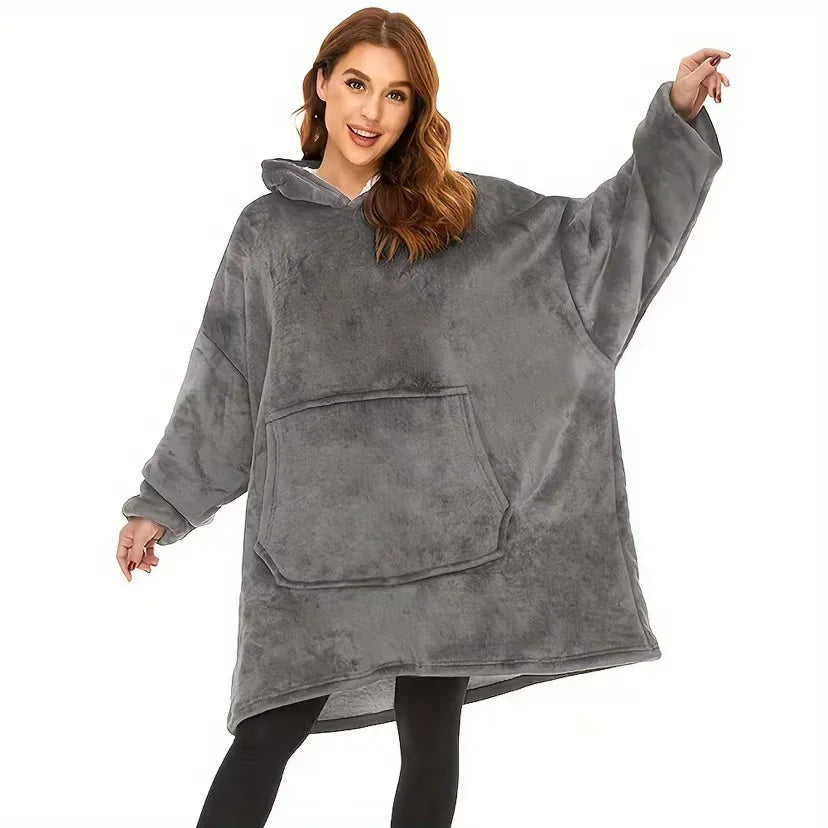 Reversible Hoodie Blanket Fleece Wearable with Pocket Oversized House Robe Loungewear Comfortable Homewear | Sansoti