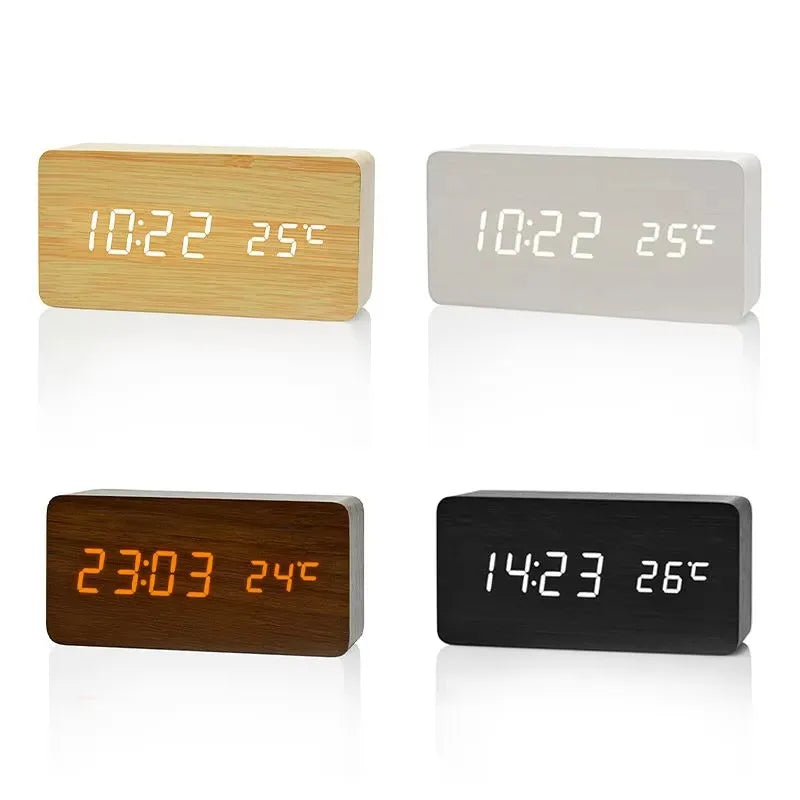 Digital Alarm Clock Wood Look LED Bamboo Black Brown Temperature USB Bedroom Desk 3 Alarms Adjustable Brightness 12/24h Table Clock | Sansoti