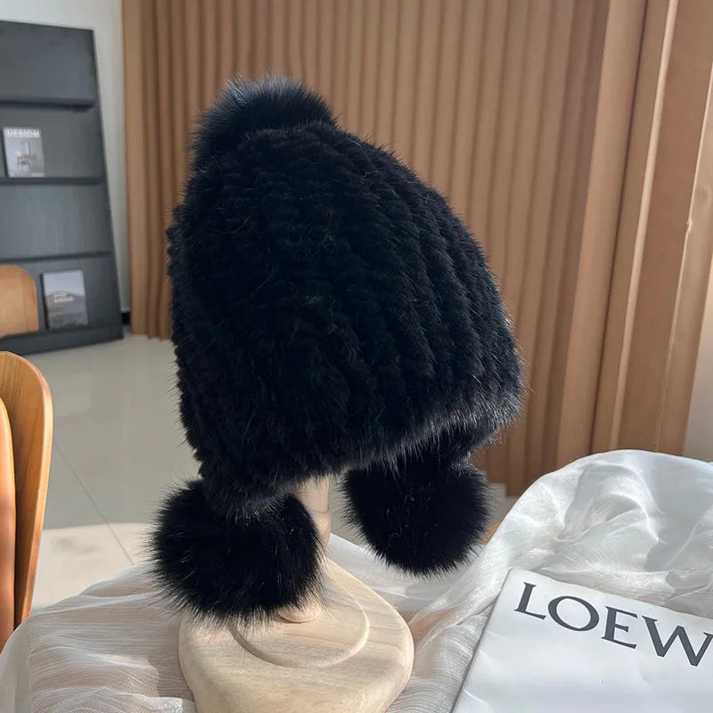 Gebreide Bontmuts met Pompom voor Dames Wintermuts Warm Oorwarmers Spiraalpatroon Luxe Winteraccessoire | Sansoti