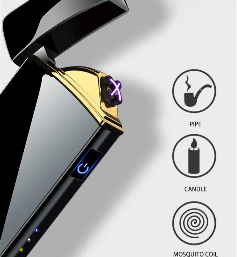 Electronic Plasma Lighter USB Rechargeable Windproof Metal Blue For Candles Pipes Mosquito Coils Double Arc Touch Sensor LED Display | Sansoti
