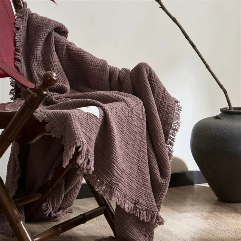 Musselin-Plaid mit Quasten, reine Baumwolle, sechslagig gewebte Decke für Sofa, Bett und Klimaanlage, Wohnzimmer und Schlafzimmer, stilvoll | Sansoti
