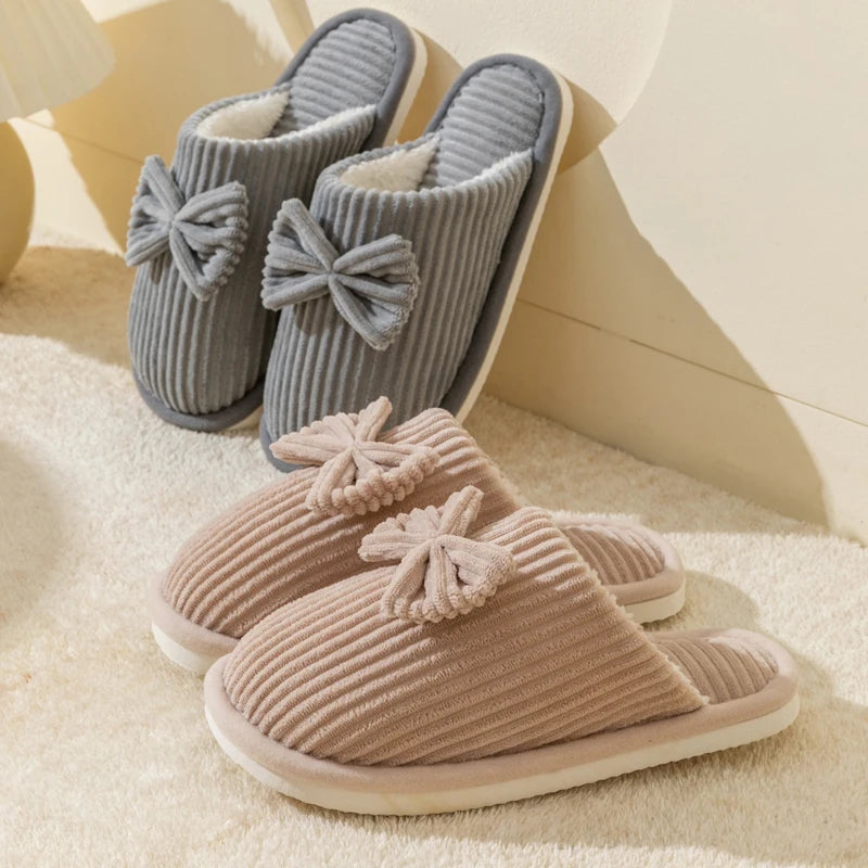 Dames Huisslippers met Strik Ribfluweel Gevoerd Binnenschoenen Winterpantoffels Antislip Warm Comfortabel Slaapkamer | Sansoti