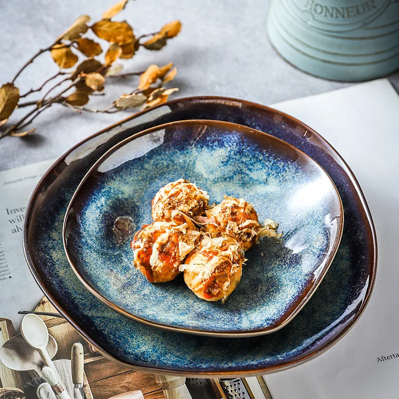 Dinnerware Set 11-Piece Turquoise Glazed Porcelain Handmade Rustic Dinnerware Plates Bowls Dinner Plates Dessert Plates | Sansoti