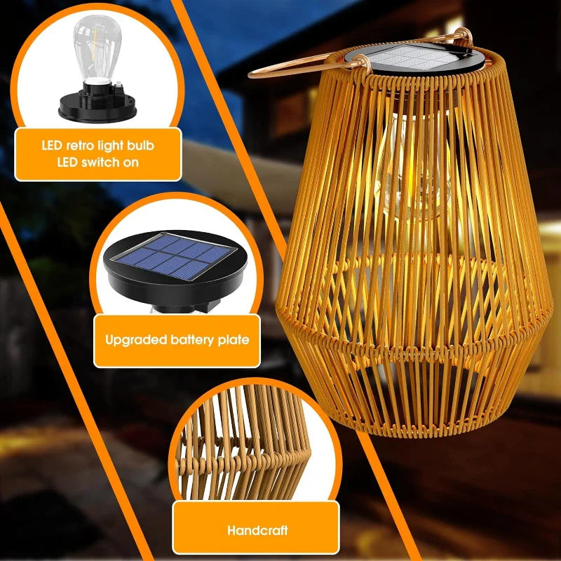 Rattan Solar Lantern with LED Lighting for Garden and Terrace - Waterproof IP65 with Automatic Dusk Sensor | Sansoti