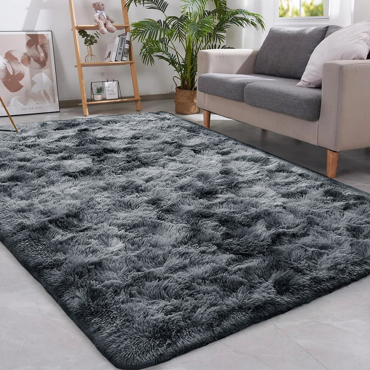 Tapis à poils longs shaggy gris foncé antidérapant et doux pour le salon, la chambre et la chambre de bébé, confortable | Sansoti