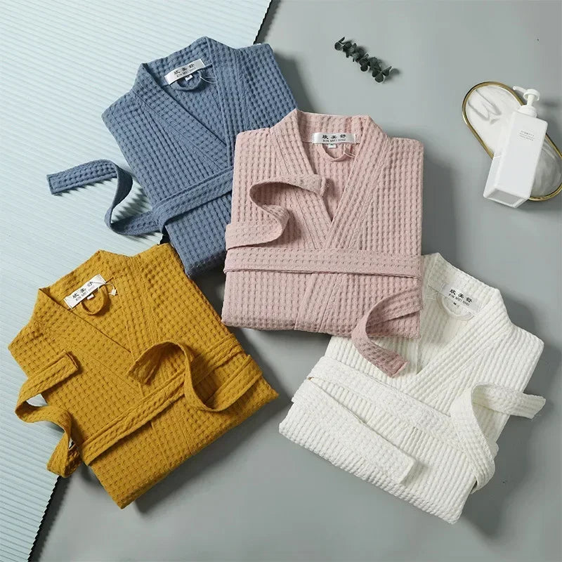 Waffle Cotton Bathrobe Spring Summer Lightweight Morning Robe Long Sleeves Spa Hotel Sauna Wellness Women Men | Sansoti