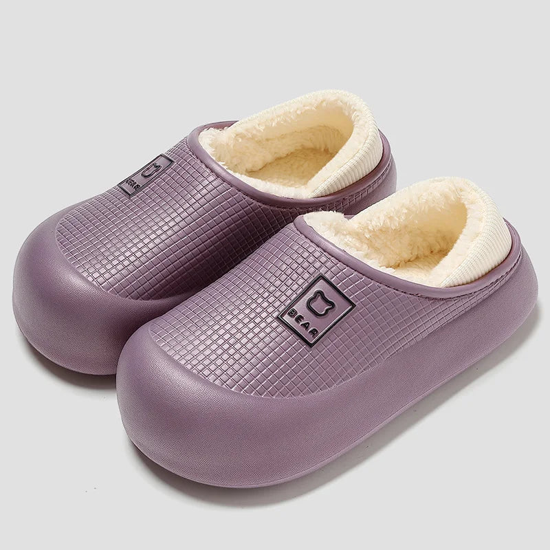Waterproof slippers with thick soles, plush lining, non-slip, for indoor and outdoor use, black and purple, unisex comfort | Sansoti
