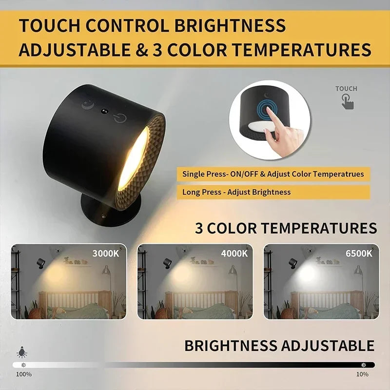 Wireless Rechargeable Wall Light with Touch Control, 360° Rotatable Magnetic Reading Light and Night Light for the Bedroom | Sansoti