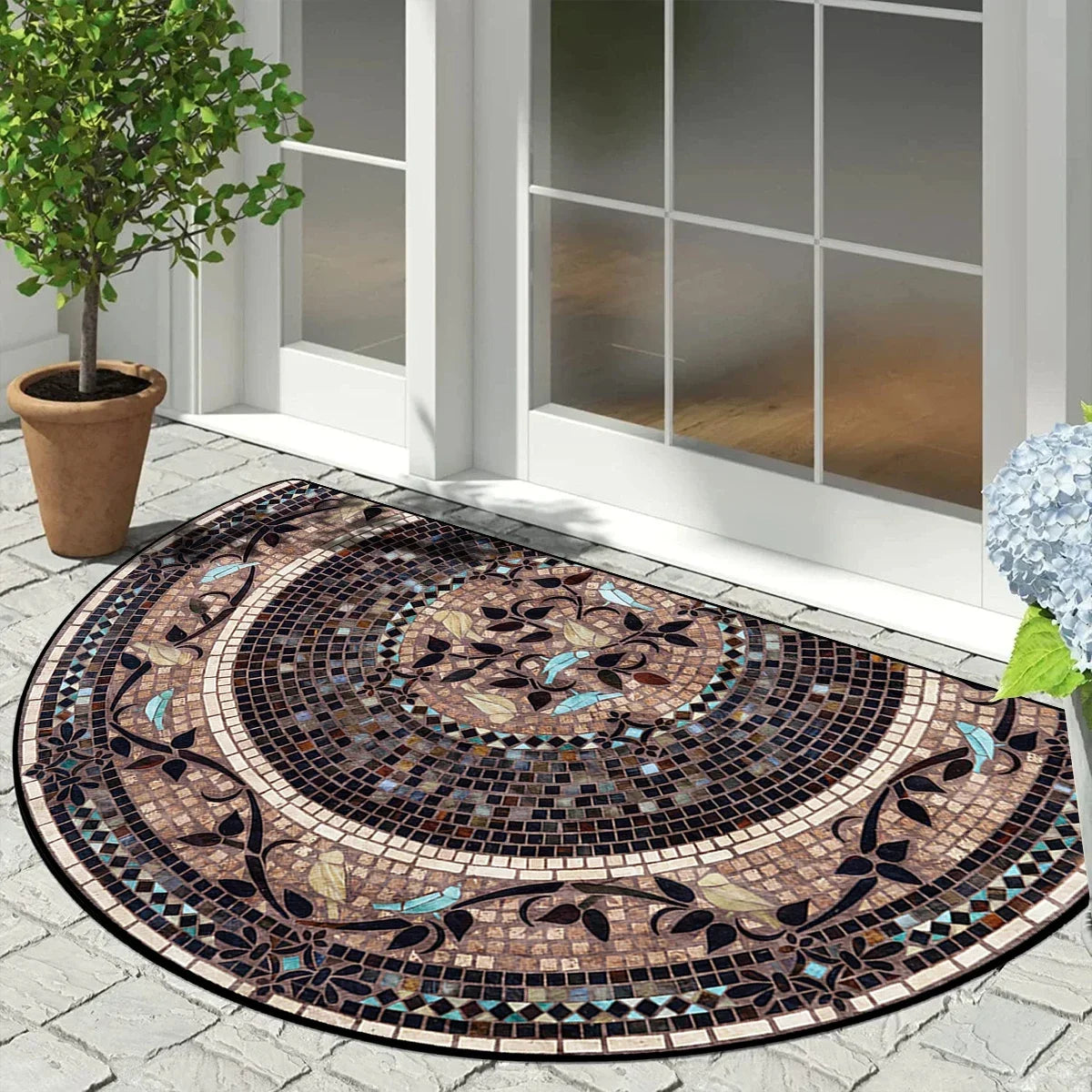 Semicircular Doormat Vintage Mosaic Pattern Non-Slip Outdoor Mat Balcony Entrance Porch Patio 60x90cm Weather-Resistant | Sansoti