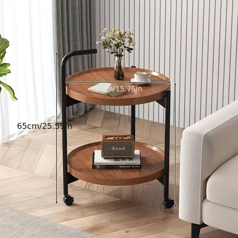 Rolling Side Table Wood Two-Tier Round 40cm Living Room Bedroom Wheels Compact Design Serving Storage | Sansoti