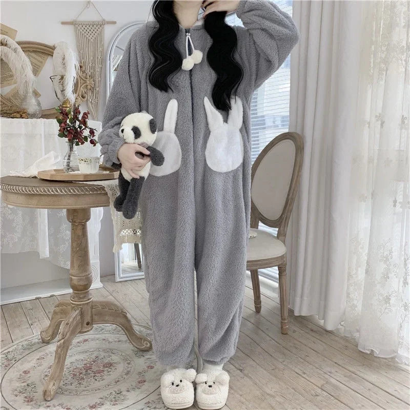 Onesie Huispak met Capuchon en Oortjes Warm Fluweel Loungewear Dames Heren Winter Slaapkleding Relaxkleding | Sansoti