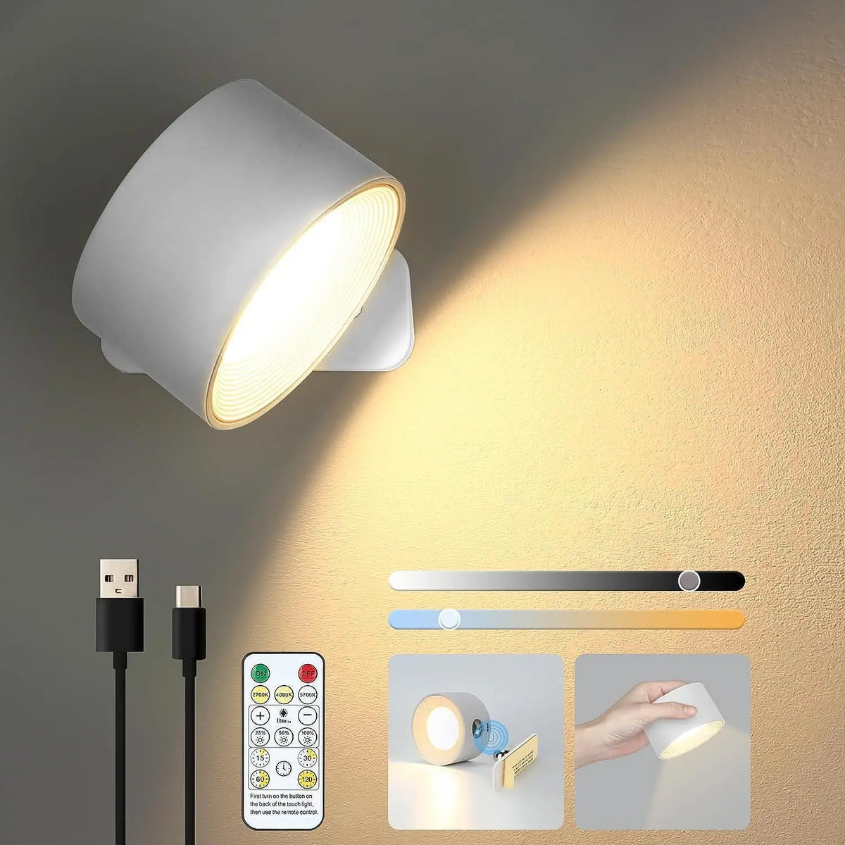 Magnetic Wall Light, Wirelessly Rechargeable, with Remote Control, 360° Rotatable, Dimmable LED Cylinder Mood Light | Sansoti