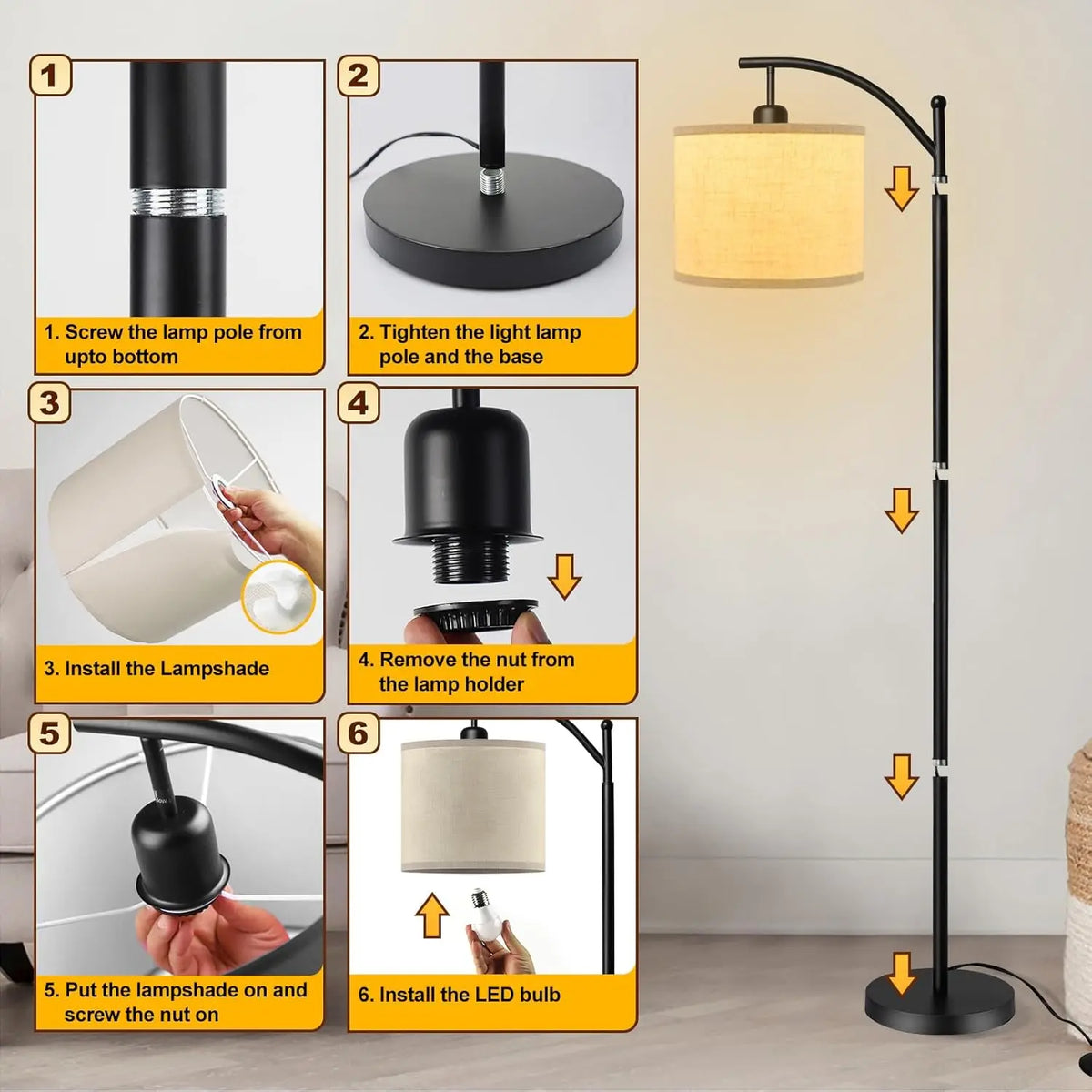 Bogen-Stehlampe mit Stoffschirm 3 Lichtfarben LED Modern Wohnzimmer | Sansoti