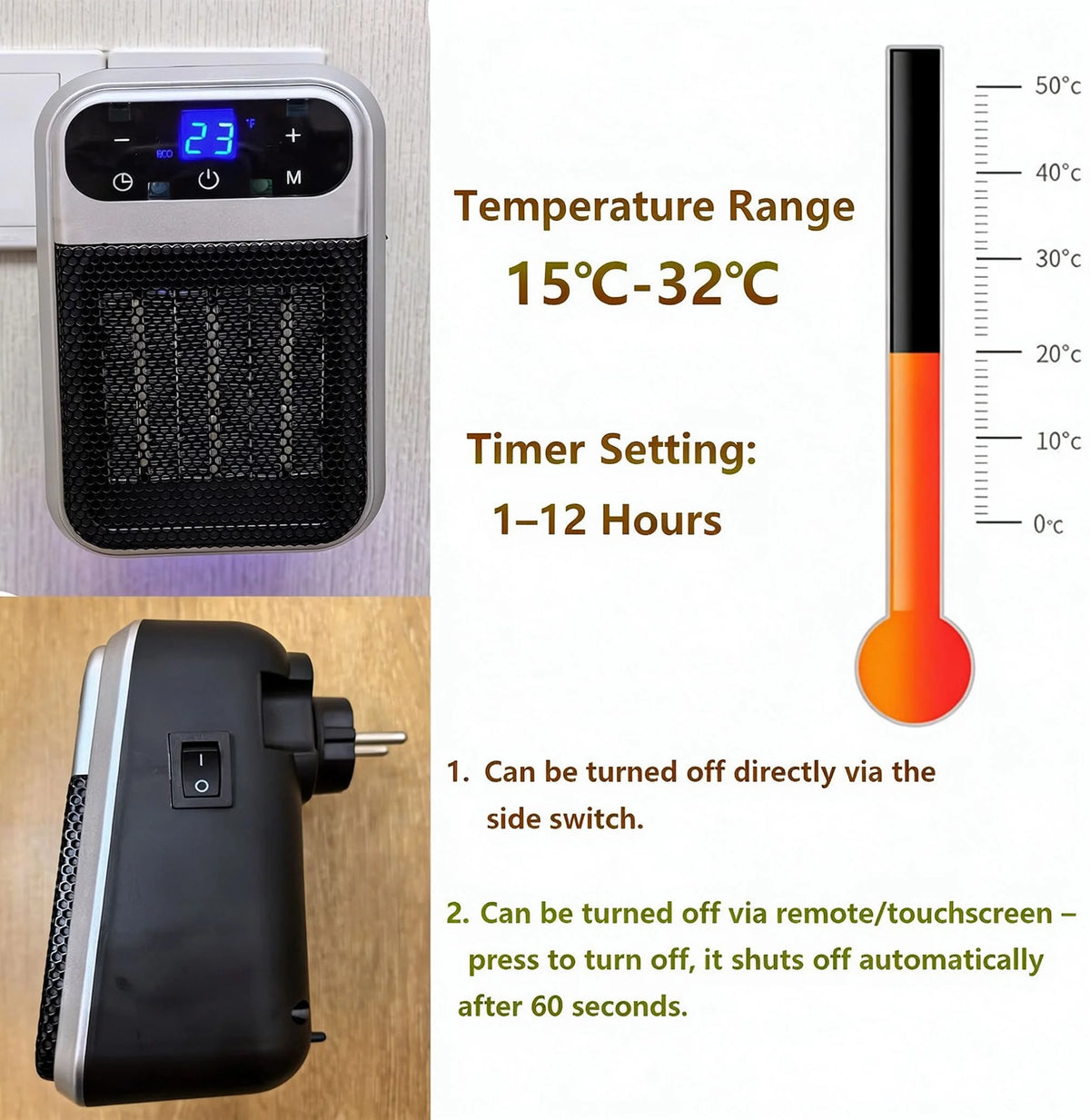 Compacte Keramische Kachel 800W met Timer & Thermostaat - Energiezuinige Badkamerverwarming voor Kleine Ruimtes | Sansoti