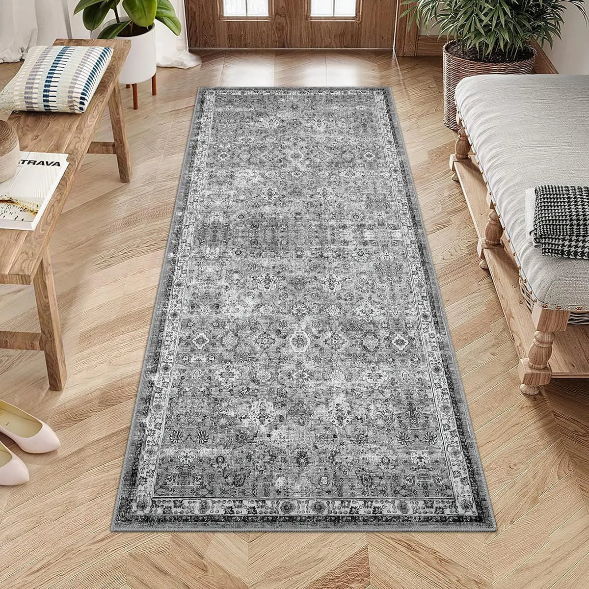 Vintage Vloerkleed Korte Pool Antislip Wasbaar Grijs Beige Groen Boho Stijl Loper voor Hal Slaapkamer Keuken | Sansoti