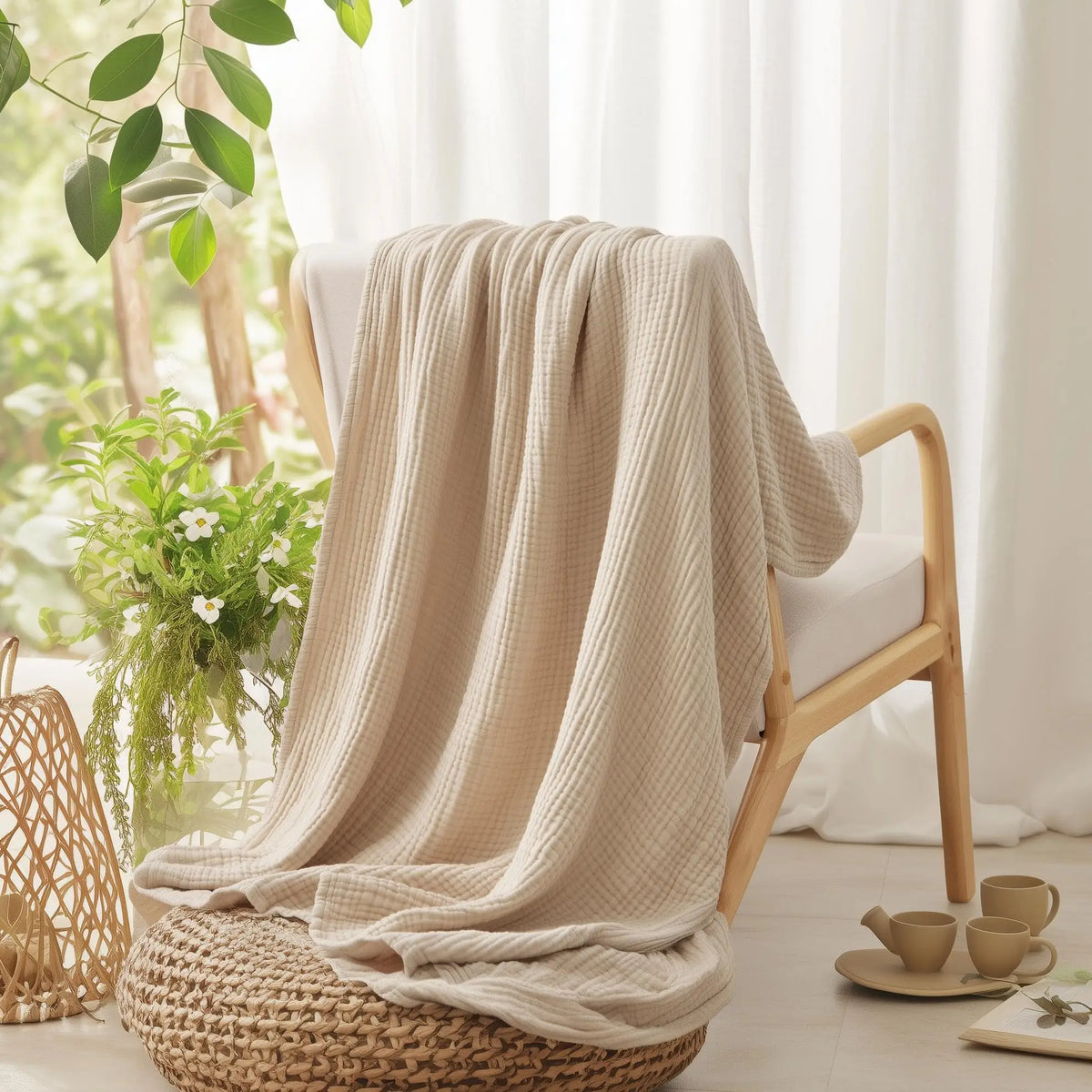 Muslin Throw Six-Layer Cotton Blanket Soft Breathable 198x229cm Bed Sofa Living Room Year-Round Comfort Warmth | Sansoti