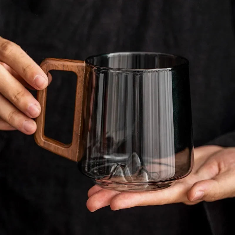 Tasse pic de montagne en verre à double paroi 300 ml – verre borosilicaté résistant à la chaleur avec poignée en bois pour café et thé | Sansoti