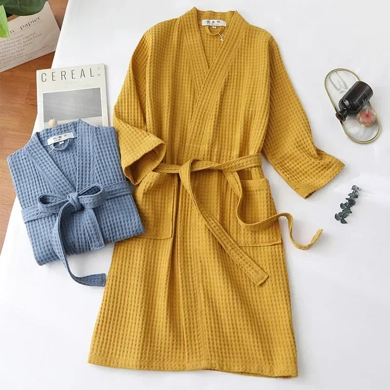 Waffle Cotton Bathrobe Spring Summer Lightweight Morning Robe Long Sleeves Spa Hotel Sauna Wellness Women Men | Sansoti