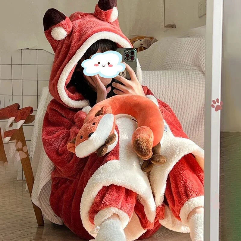 Dieren Onesie met Capuchon Warme Flanel Huispak Volwassenen Zachte Loungewear Pyjama voor Ontspanning Thuis | Sansoti