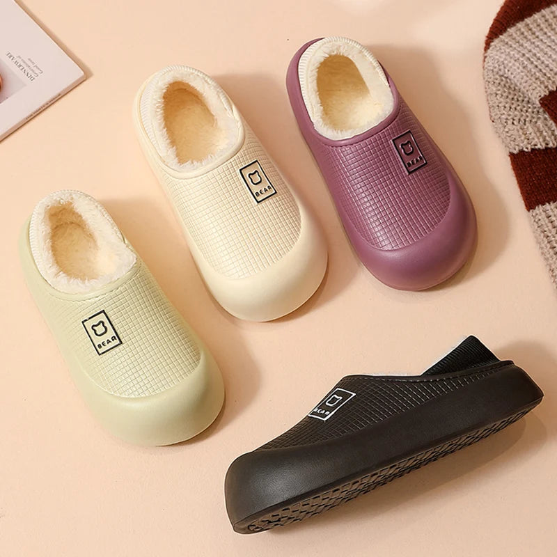 Waterproof slippers with thick soles, plush lining, non-slip, for indoor and outdoor use, black and purple, unisex comfort | Sansoti