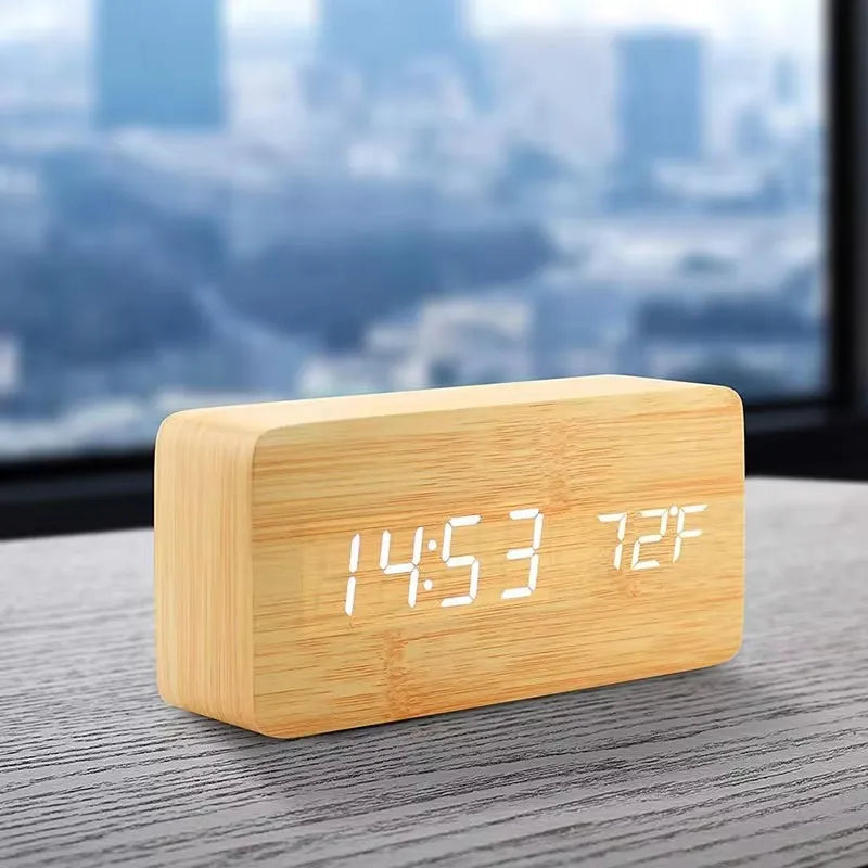 Digital Alarm Clock Wood Look LED Bamboo Black Brown Temperature USB Bedroom Desk 3 Alarms Adjustable Brightness 12/24h Table Clock | Sansoti