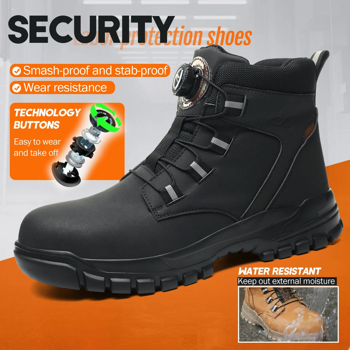 Arbeitsstiefel mit verstärkter Zehenkappe, wasserdicht, hoch, schwarz, braun, gelb, Sicherheitsschuh für Herren, robust und bequem | Sansoti