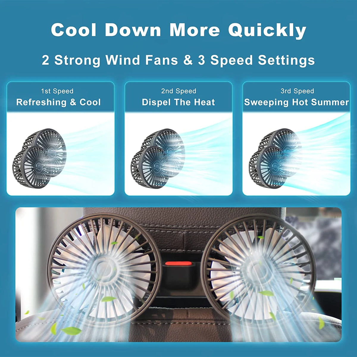 Portable Car Fan with Dual Heads 360° Adjustable USB Rechargeable 3 Speeds Headrest Neck Cooler for Car Home Camper | Sansoti