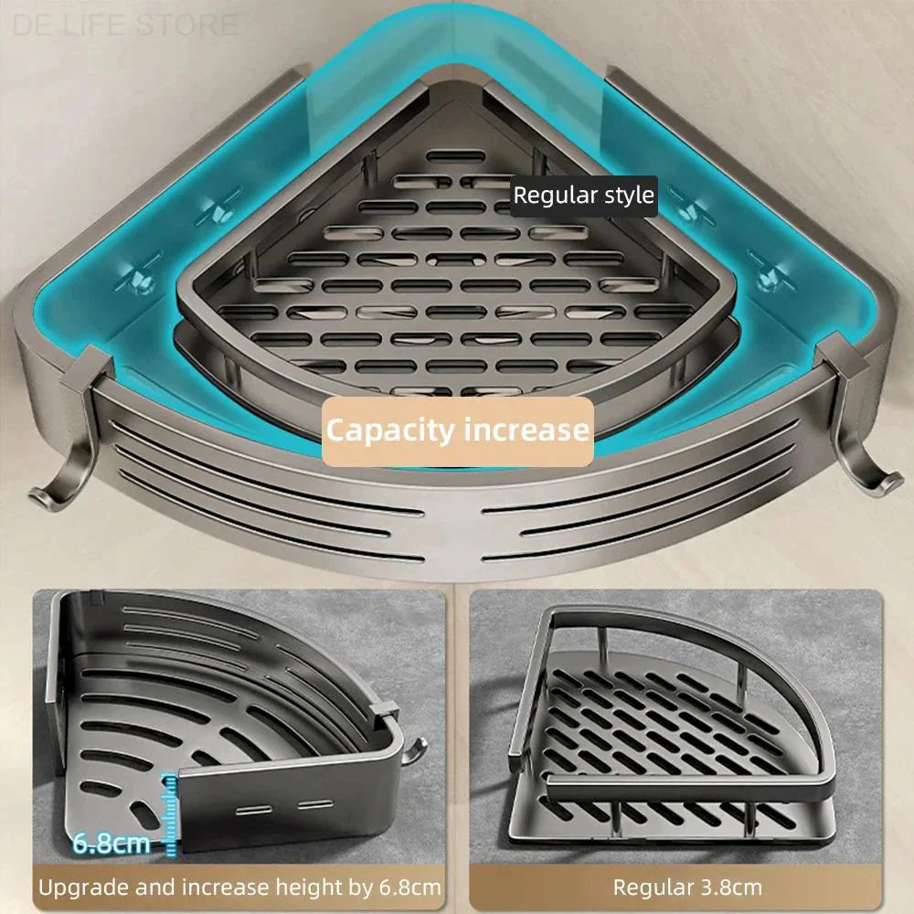 Adjustable Shower Rack Set 2-piece Aluminum No Drilling with Hooks Drain Grate Wall Mount | Sansoti