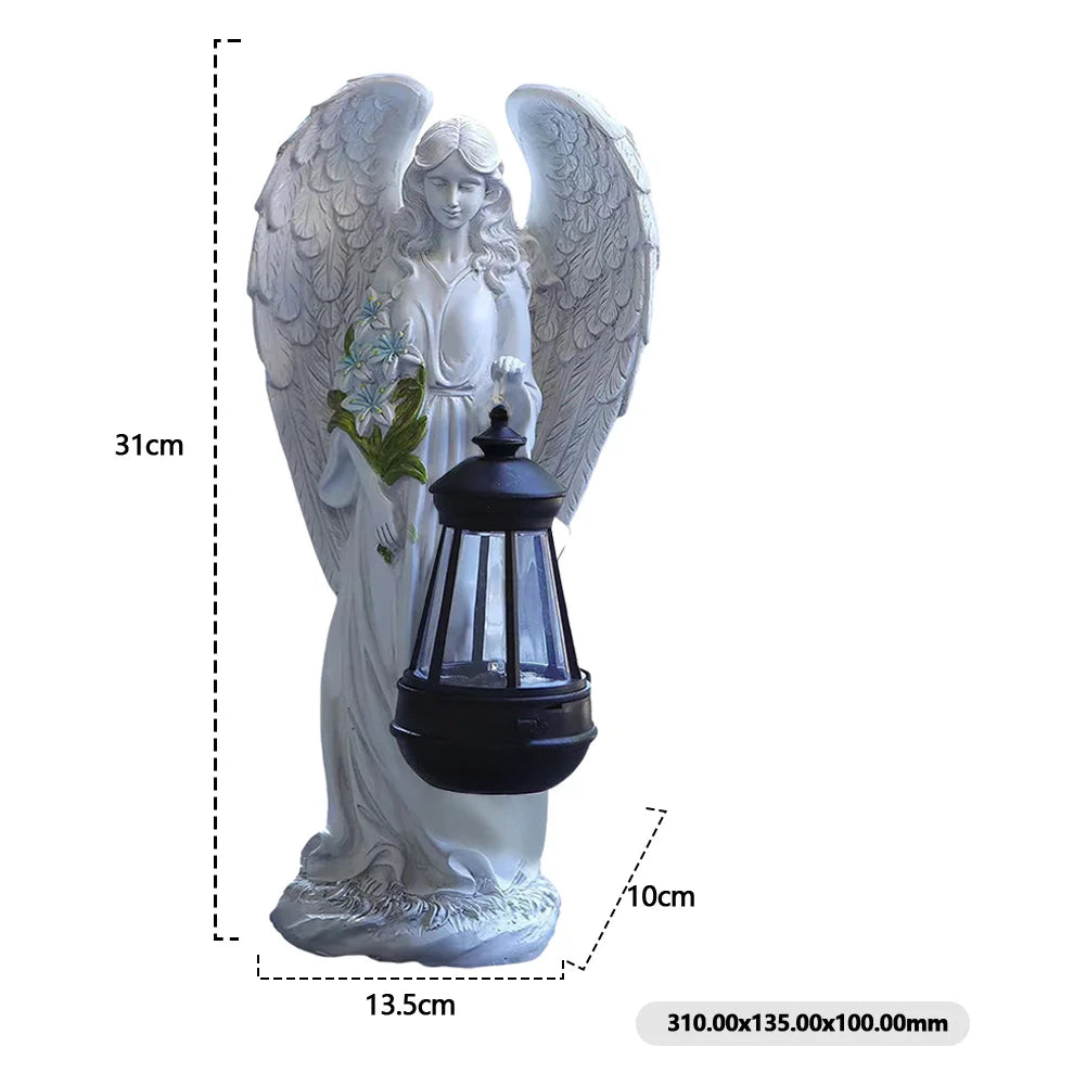Engelsgartenfigur Solar LED Laterne 31cm Harz Automatisch Außen Garten Terrasse Patio Stimmungslicht Wasserdicht Weiß | Sansoti