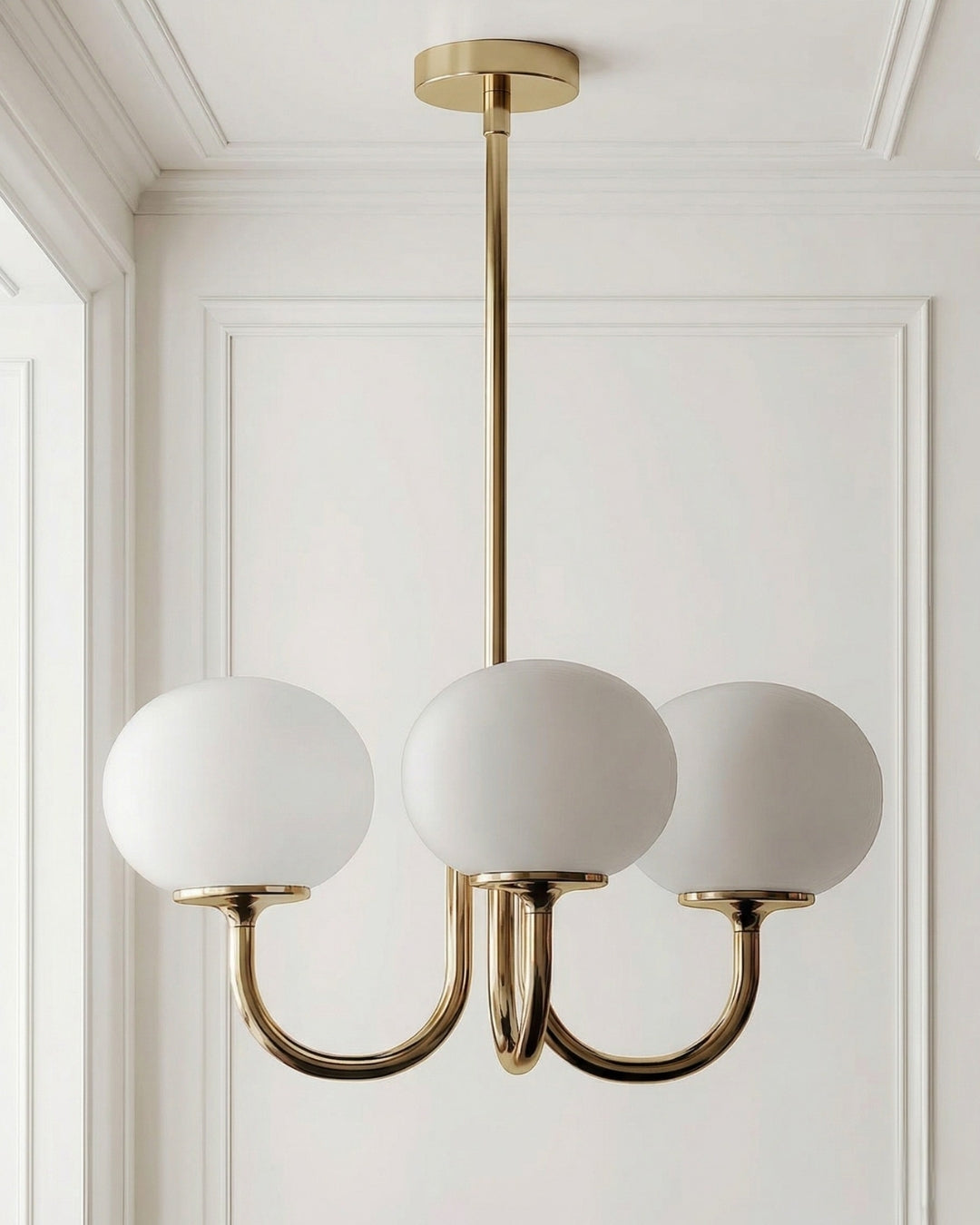 Mid-Century Glass Chandelier with Globe Shades and Polished Metal Finish – Available in Copper and Chrome with Colored Glass – 3 or 5 Arms with Adjustable Rod System | Sansoti