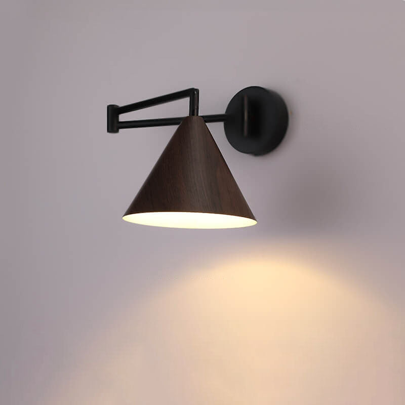 Wandleuchte Schwenkarm Eisen Kegelförmiger Schirm Walnuss Holzfarbe E26 18x14cm Schlafzimmer Leselampe | Sansoti