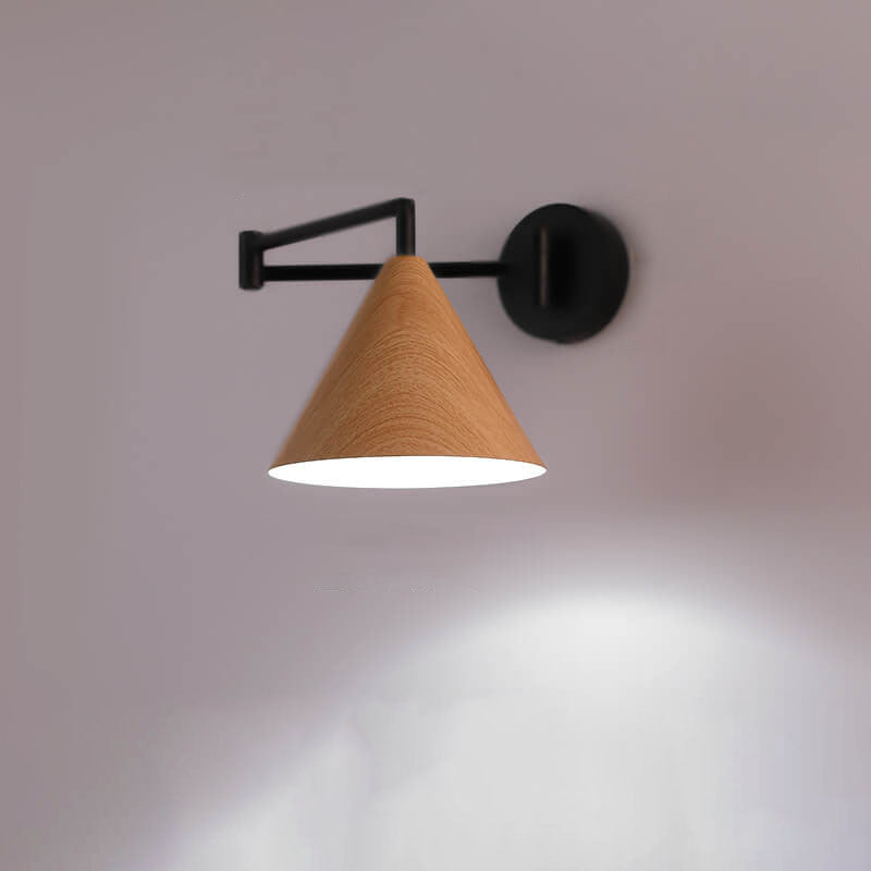 Wandleuchte Schwenkarm Eisen Kegelförmiger Schirm Walnuss Holzfarbe E26 18x14cm Schlafzimmer Leselampe | Sansoti