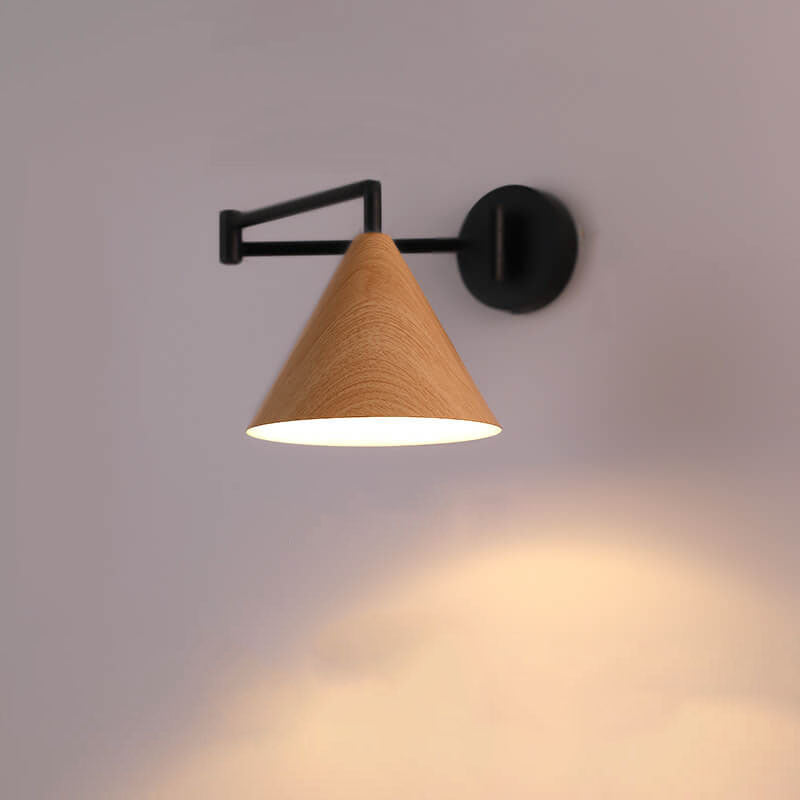 Wandleuchte Schwenkarm Eisen Kegelförmiger Schirm Walnuss Holzfarbe E26 18x14cm Schlafzimmer Leselampe | Sansoti