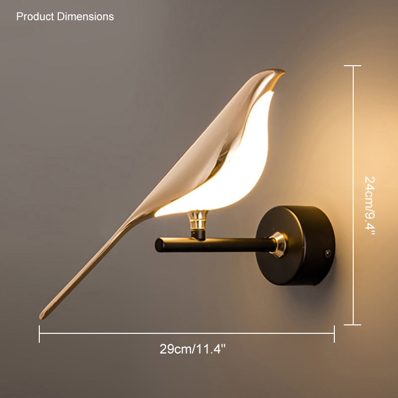 Aplique de pared con pájaro de metal dorado y negro, LED blanco cálido, decorativo para dormitorio y recibidor | Sansoti
